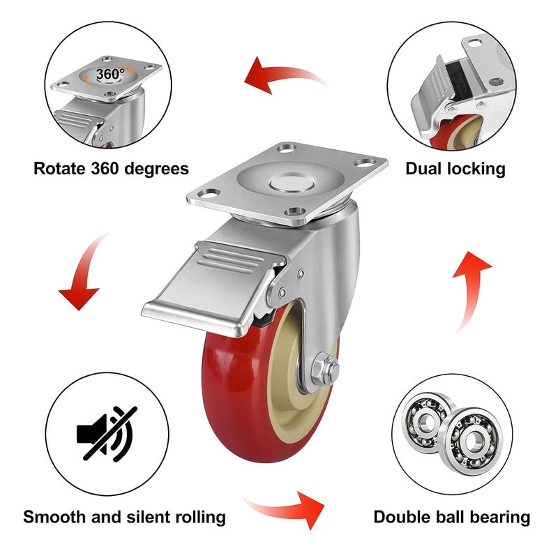 FOCBUGU 4 Inch Heavy Duty Swivel Caster Wheels with Brake, Set of 4, Industrial Locking Rolling Plate Casters Wheels for Furniture, Cart, Table and Workbench, Easily Load 2200lbs - Image 3
